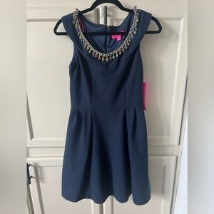 040 Betsey Johnson Fit and Flare Navy Dress with Jeweled Neckline
